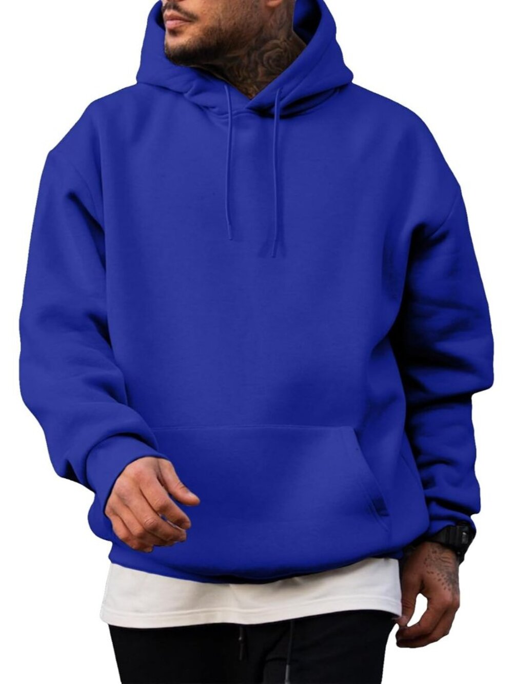 Men's Dark Blue Fleece Lined Oversized Pullover Drawstring Hooded Sweatshirts